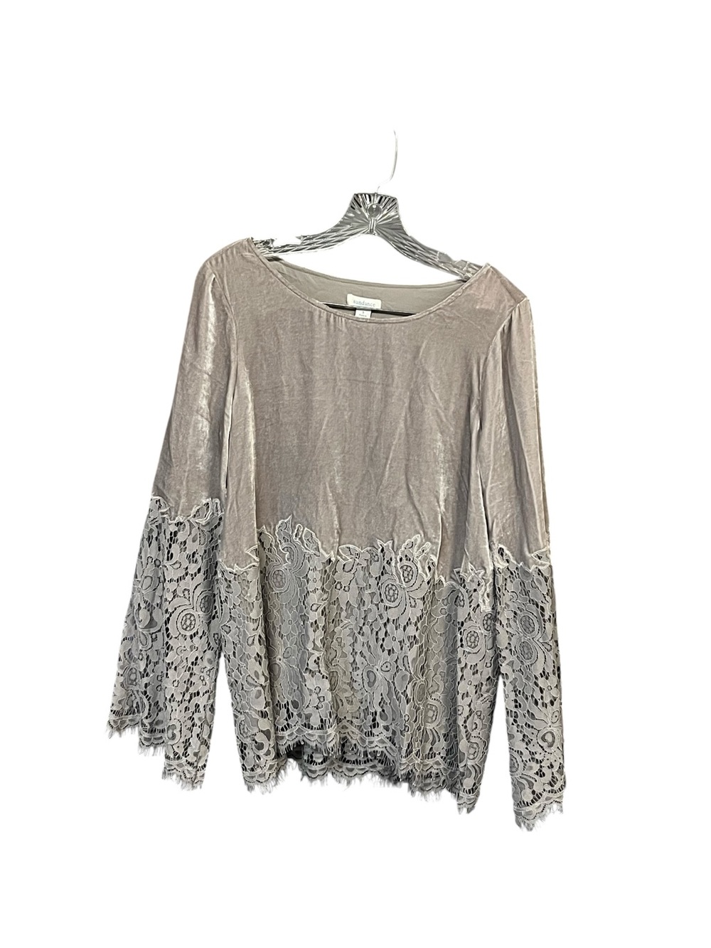 Sundance Velvet Lace Blouse Women’s S Gray Silk Blend Bell Sleeve Boho Top